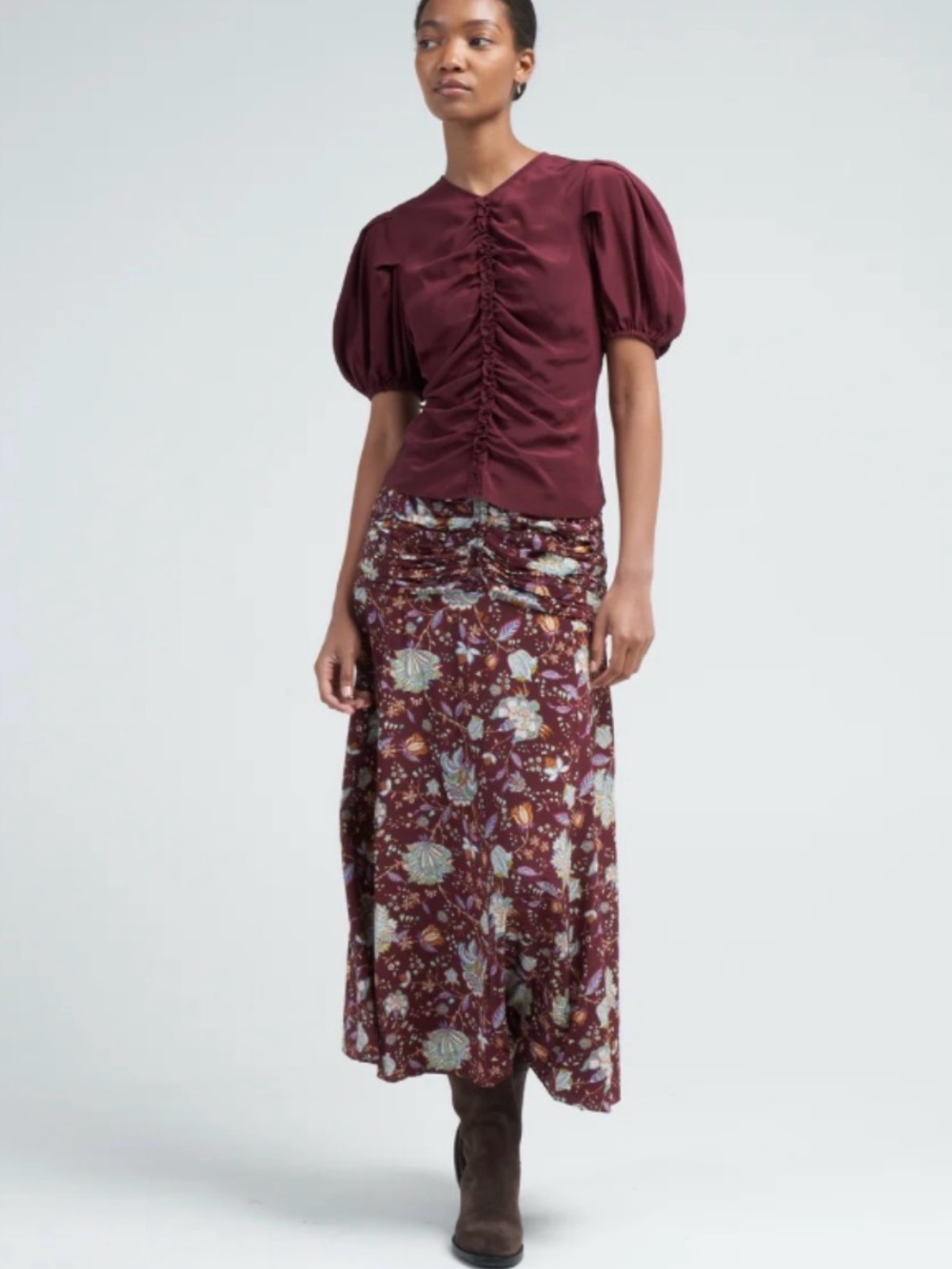 Ulla Johnson Imani Heliotrope Floral Ruched Silk Midi Skirt Size 10 - Picture 6 of 13